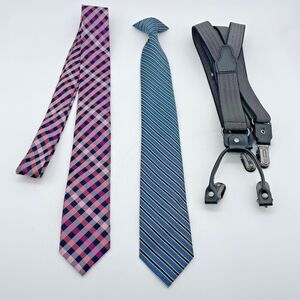 Penguin Silk Necktie / H&M Suspenders / Clip On Tie Lot of 3 Geometric Pink Blue